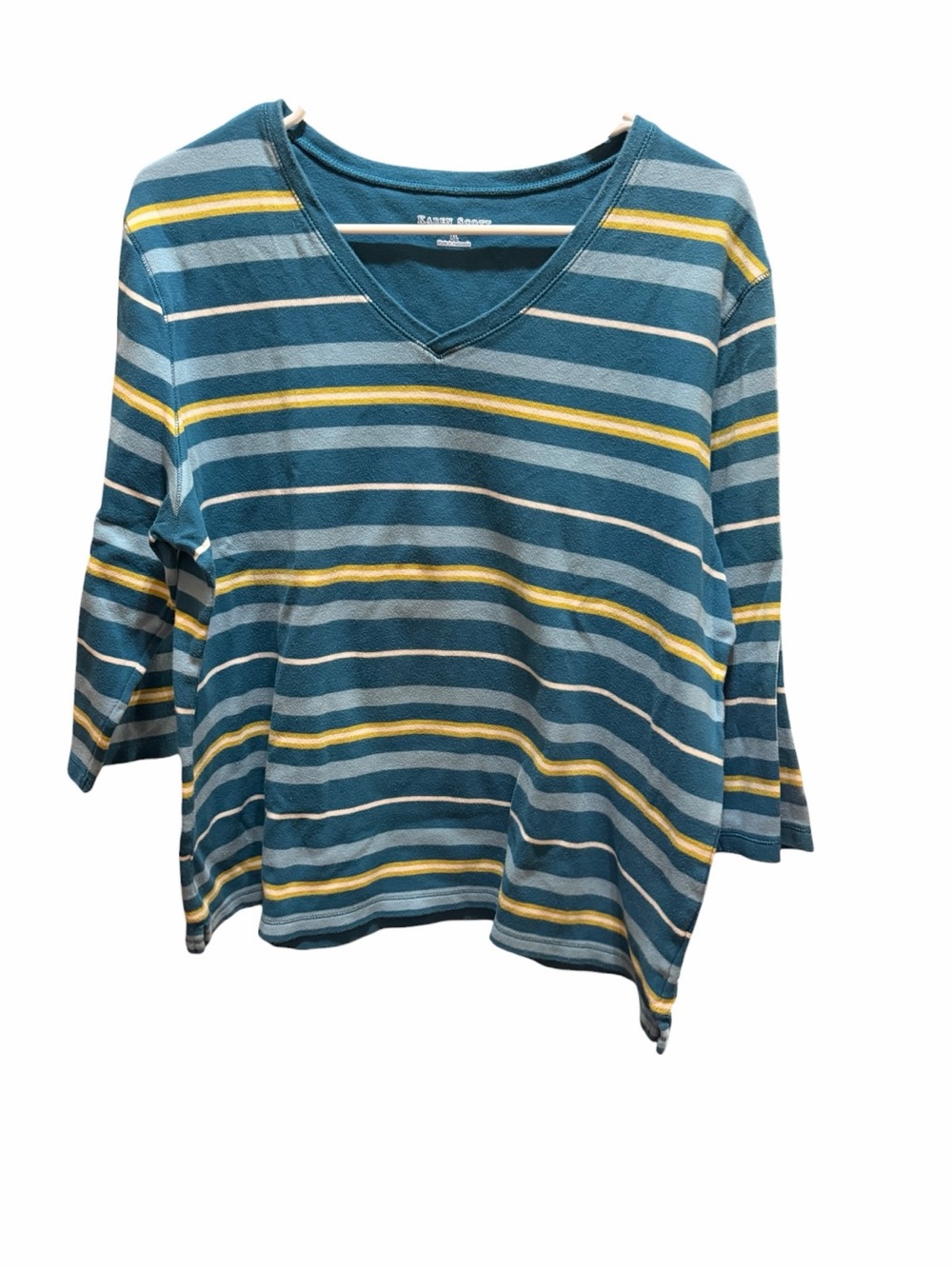 Karen Scott V-Neck Striped Long Sleeve Top in Teal, Yellow and White